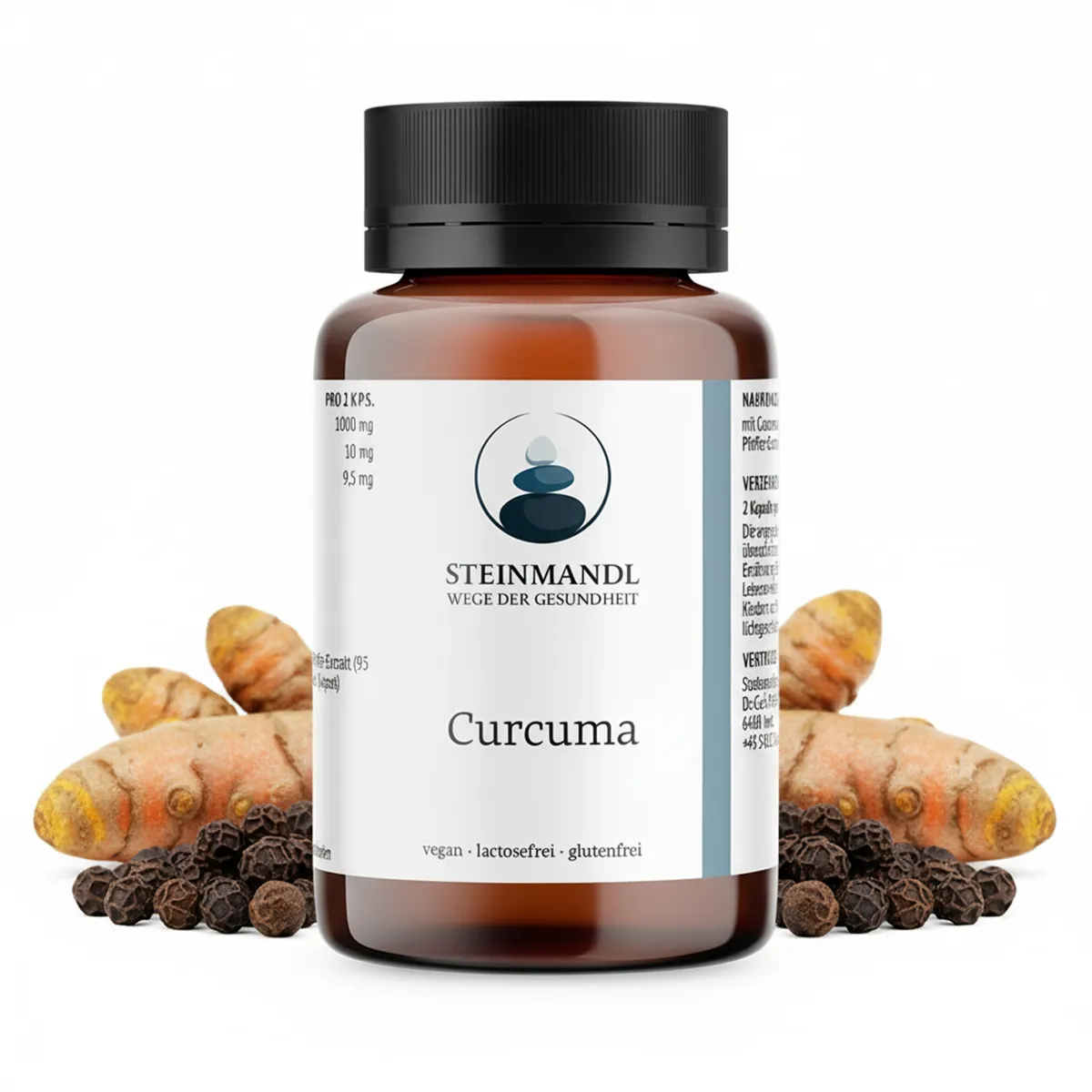 Eine braune Flasche mit der Aufschrift Curcuma steht vor Kurkumawurzeln und schwarzen Pfefferkörnern. Diese Ergänzung ist vegan, laktosefrei und glutenfrei.