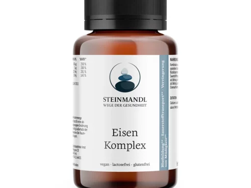 Braune Dose mit weißem Etikett, Aufschrift „Steinmandl Eisen Komplex“, freigestellt