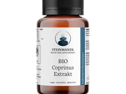 Braune Dose mit weißem Etikett – Steinmandl BIO Coprinus Extrakt