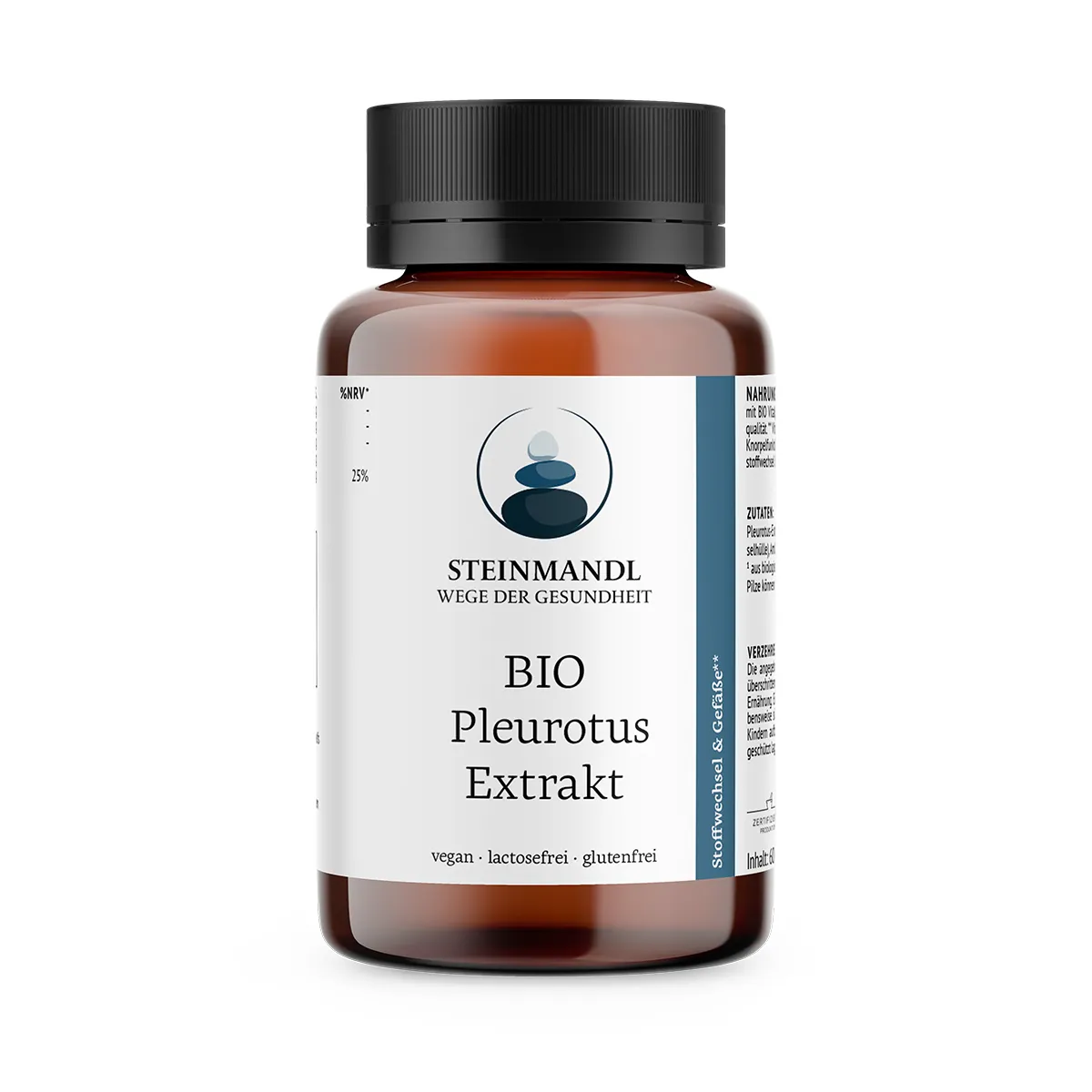 Braune Dose mit weißem Etikett – Steinmandl BIO Pleurotus Extrakt