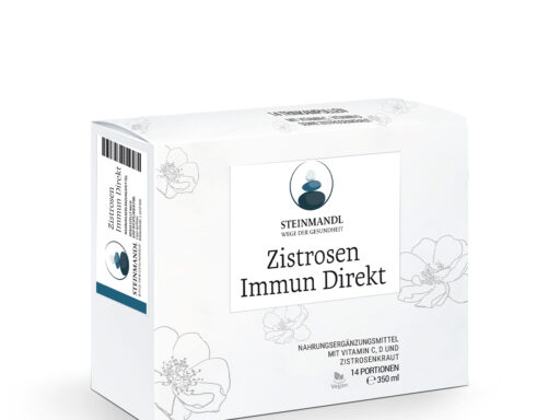 Eine weiße Schachtel mit der Aufschrift Zistrosen Immun Direkt, verziert mit dezenten Blumenmotiven und deutschem Text, verpackt das Nahrungsergänzungsmittel Zistrosen Immun Direkt.